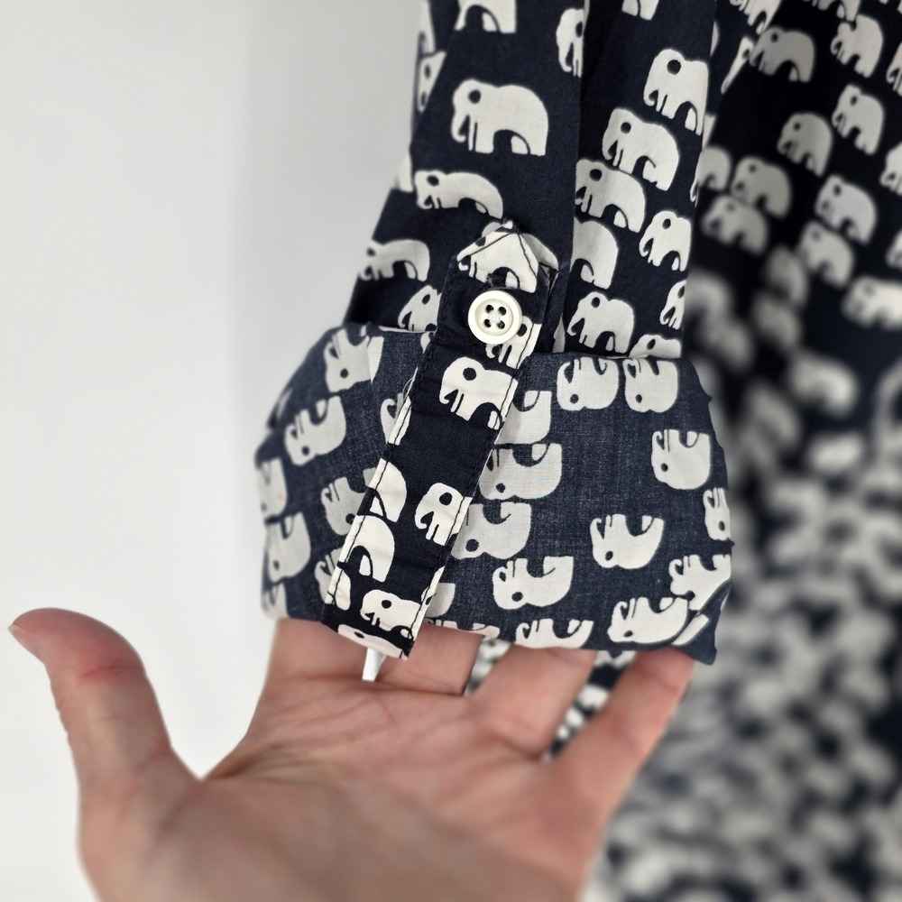 Talbots Button Down Shirt Women 1X Navy White Elephant Print Cotton Long Sleeve - Picture 5 of 8